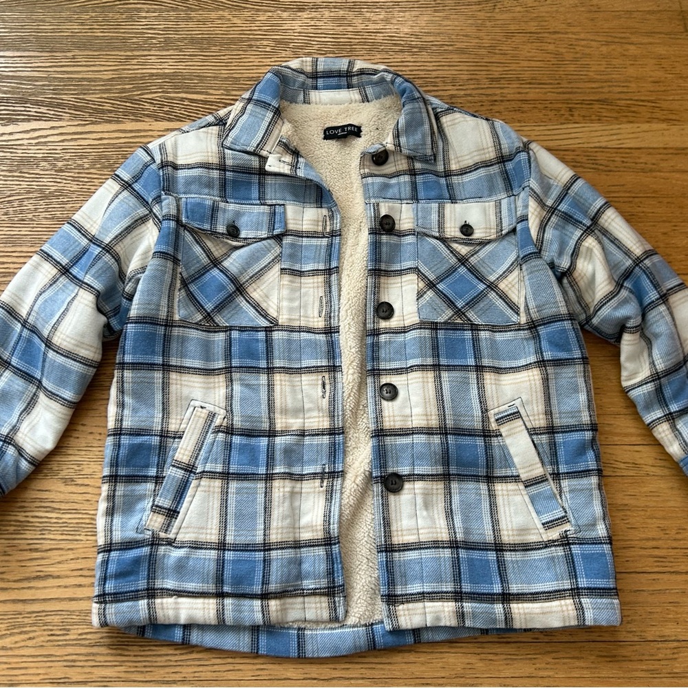 Love Tree Cream Sherpa-Lined Jacket with Light Blue Plaid Trim